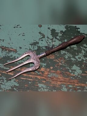 Antique Ornate Sterling Bread Serving Fork With Wooden Handle - Marked Stunning!
